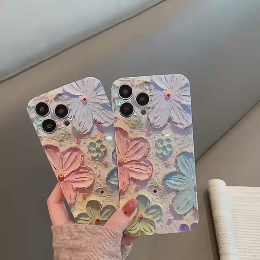 Funda de teléfono láser con purpurina y flores 🌺™️